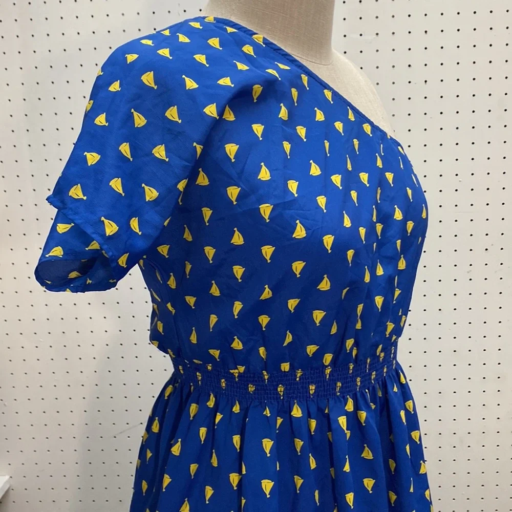 NWT Francesca’s Collection One Shoulder Yellow Sailboat Small Blue Dress - Picture 8 of 10